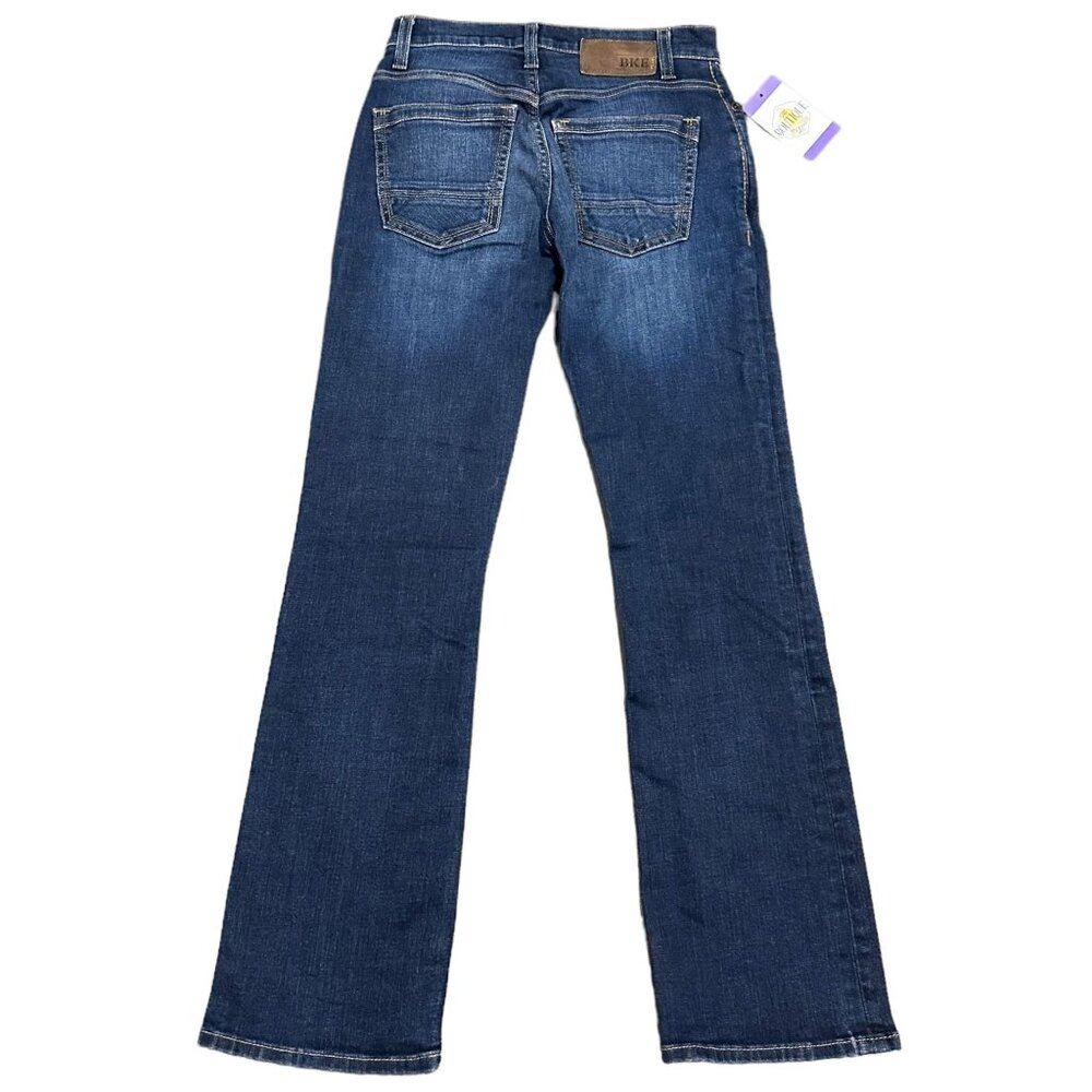 BKE Aiden Mens 27S Bootleg Jeans Dark Wash Denim Whiskered 30" Inseam Mid Rise - Picture 2 of 16
